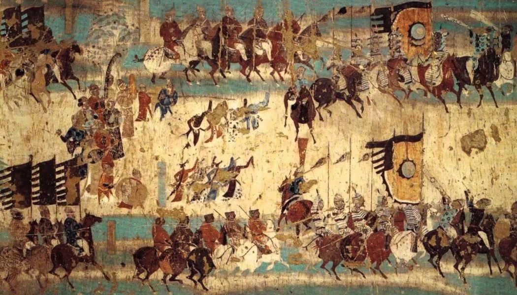 Peinture murale commémorant la victoire du général Zhang Yichao sur les Tibétains en 848, grotte de Mogao 156, fin de la dynastie Tang, détail