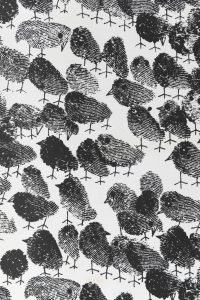 Tissu Ornito avec un motif d'oiseaux stylisés onçus avec une empreinte digitale, Heinz Edelmann