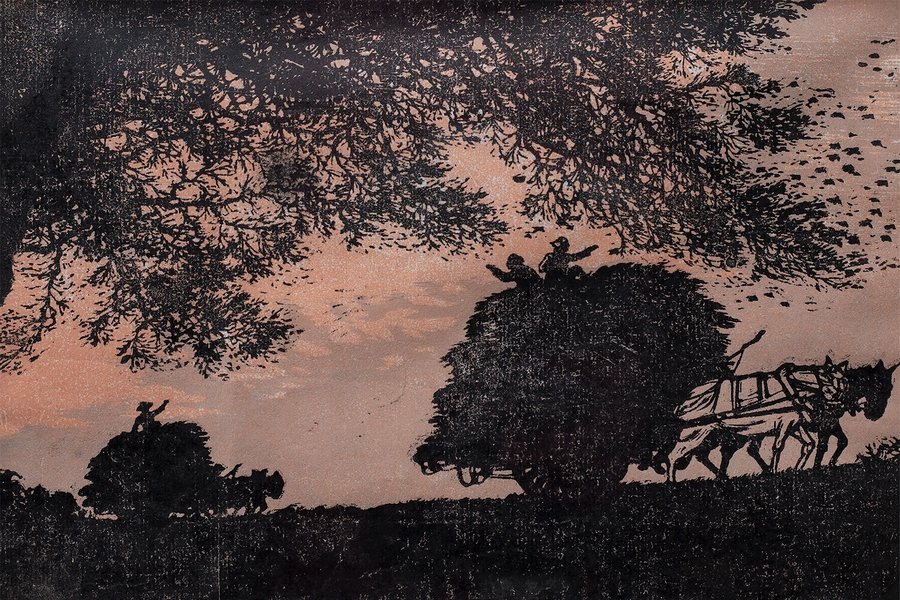 Retour tardif, 1955, gravure sur bois en couleur, Wang Qi (1918–2016)