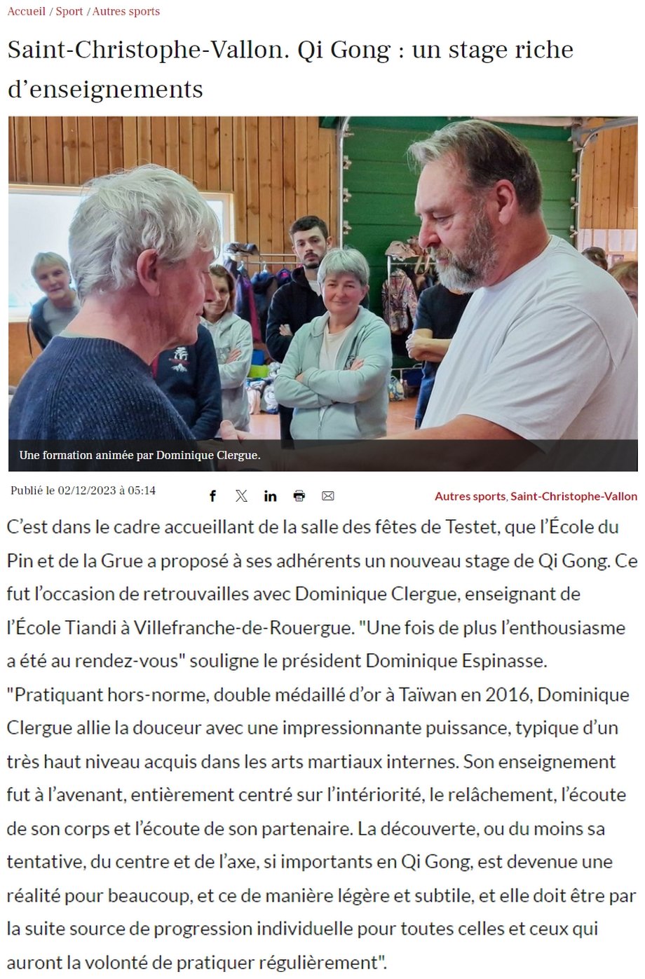 Article de La Dépêche du 2 décembre 2023 consacré au stage de qi gong à Saint-Christophe-Vallon. animé par Dominique Clergue