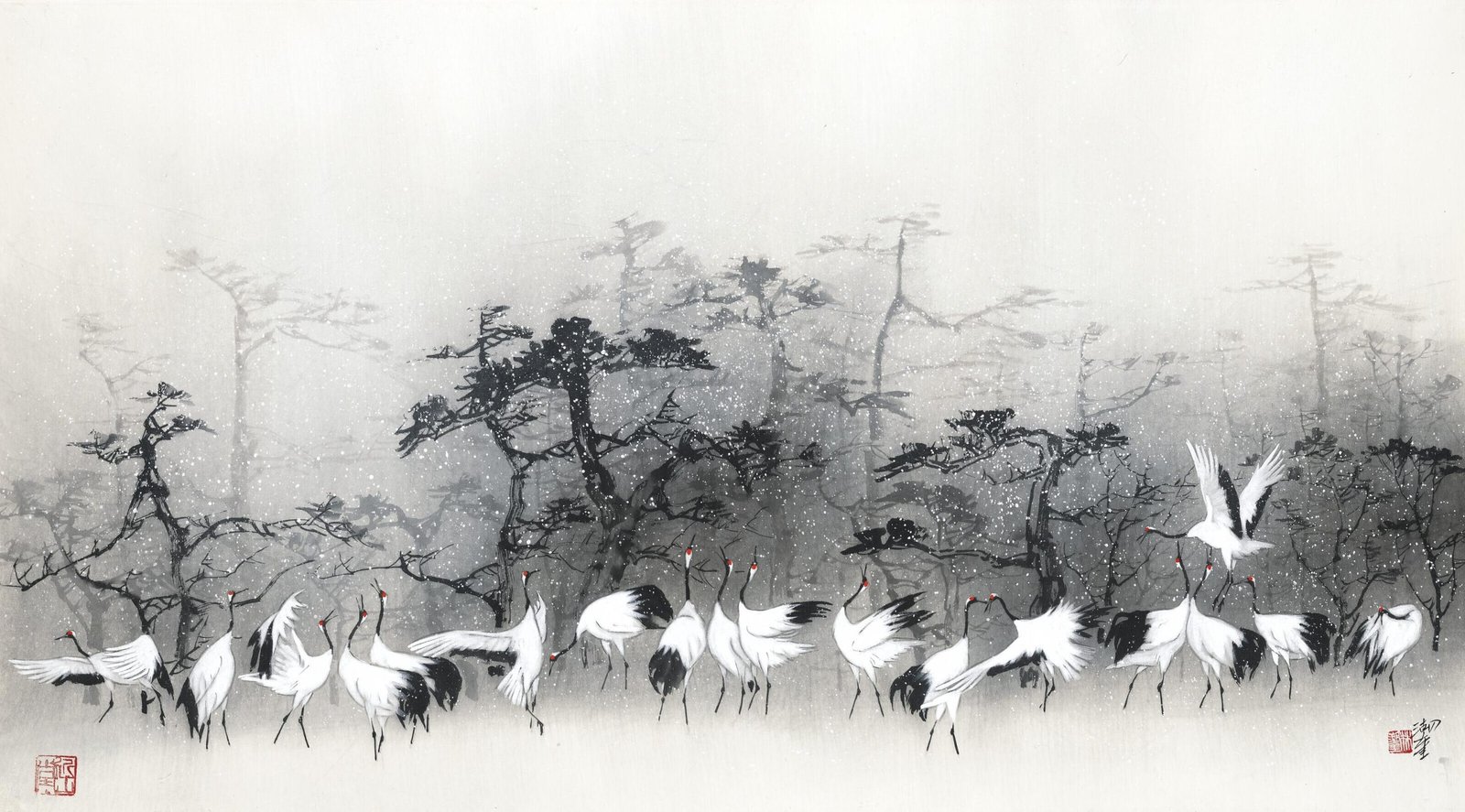 Grues de longévité, peintures à l'encre, Lin Hukui