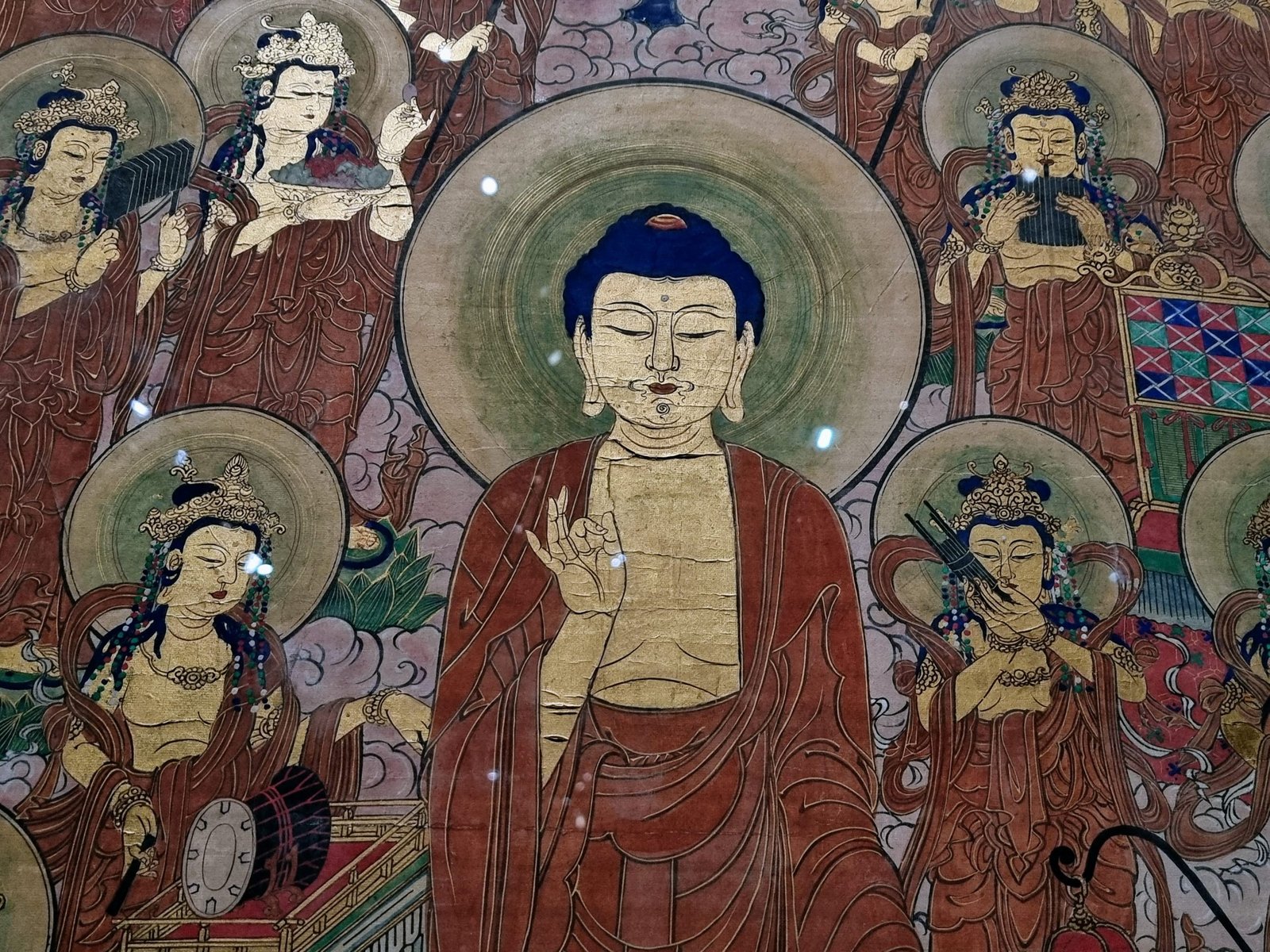 La Descente du Bouddha Amitabha [Amida raigō], encre, couleurs et feuilles d’or sur papier, 1865, Japon, époque Edo (1603-1868)