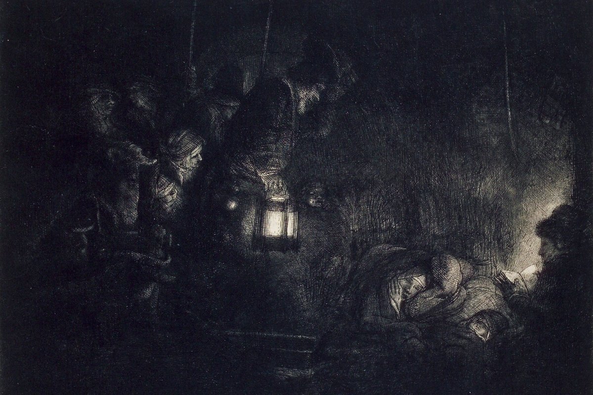 L'Adoration des bergers à la lanterne, eau-forte, vers 1652, détail, Rembrandt